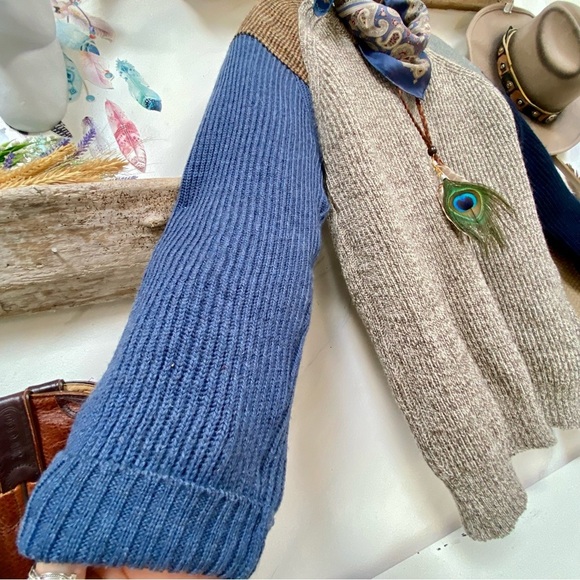 Woven in Scotland patchwork boho tweed wool sweater w equestrian farmhouse vibe - Picture 4 of 14